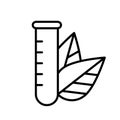 Laboratory glass with leaves in background. Line art logo of chemical research. Black illustration of medical analysis, ecology,
