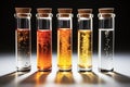 Laboratory, glass test tubes with different yellow chemical liquids stand on a dark background.