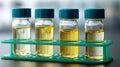 Laboratory glass vials with yellow liquid samples arranged in a green plastic rack for scientific testing and analysis on blurred Royalty Free Stock Photo