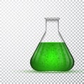 Laboratory glassware or beaker. Chemical laboratory transparent flask with green liquid. Vector illustration