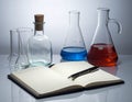 Laboratory Glassware with Colored Liquids and Open Notebook Royalty Free Stock Photo