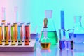 Laboratory glassware with colorfu chemicals, chemistry l