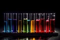 Laboratory glassware with colorful liquid on black background. Research and development concept. Science laboratory test tubes Royalty Free Stock Photo