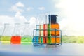 Laboratory glassware with colorful liquids Royalty Free Stock Photo