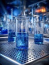 Laboratory glassware containing blue liquid with bubbles on a metal surface under scientific equipment in a high-tech research Royalty Free Stock Photo