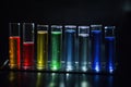 Laboratory glassware containing colorful liquid on black background, science research, and development concept. Science laboratory Royalty Free Stock Photo