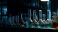 Laboratory glassware filled with chemicals sample for experimental in the biochemistry science laboratory. Glassware in medical Royalty Free Stock Photo