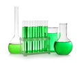 Laboratory glassware with green liquid Royalty Free Stock Photo