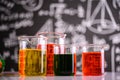 Laboratory glassware with liquids of different color Royalty Free Stock Photo