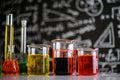 Laboratory glassware with liquids of different color Royalty Free Stock Photo