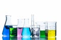 Laboratory glassware with liquids of different colors Royalty Free Stock Photo