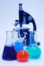 Laboratory glassware and microscope