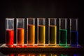 Laboratory glassware with multicolored liquid on black background. Science laboratory test tubes filled with colorful tubes, AI Royalty Free Stock Photo