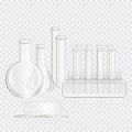 Laboratory glassware set. Transparent medical equipment. Empty test-tube and flask