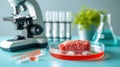 Laboratory grown meat concept, red synthetic artificial meat with microscope, laboratory accessories, measuring utensils. Lab