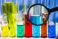 Laboratory instruments, glassware and reagents, colorful liquid chemical elements Royalty Free Stock Photo