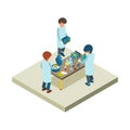 Laboratory isometric. Scientist chemical lab with various items toxic liquids vials tubes microscope vector