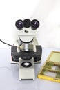 Laboratory lens of Microscope. Microscope on white background, science and technology concept