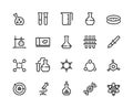 Laboratory line icons. Chemical and medical science experiment pictograms, flask tube and beaker. Vector school