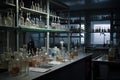 laboratory with lines of glassware and modern equipment for precision experiments