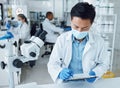 Laboratory, man and scientist writing clipboard information, healthcare research or medicine development project