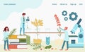 Laboratory medication drug from plants male female tiny character research fellow concept landing page, cartoon vector