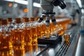 Laboratory Microscope Analyzing Samples with Amber Liquid in Bottles for Scientific Research Generative AI Royalty Free Stock Photo