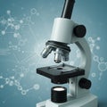 A laboratory microscope with multiple objective lenses stands against a blue Royalty Free Stock Photo