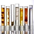 laboratory multi-colored samples of bacteria and microorganisms in transparent glass test tubes, isolated white background Royalty Free Stock Photo