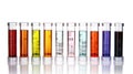 laboratory multi-colored samples of bacteria and microorganisms in transparent glass test tubes, isolated white background