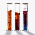 laboratory multi-colored samples of bacteria and microorganisms in transparent glass test tubes, isolated white background