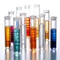 laboratory multi-colored samples of bacteria and microorganisms in transparent glass test tubes, isolated white background