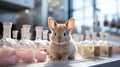 Laboratory rabbit. Potions and flasks for studying the effect of cosmetic and medical products on rodents. Royalty Free Stock Photo