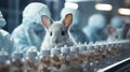 Laboratory rabbit. Potions and flasks for studying the effect of cosmetic and medical products on rodents. Royalty Free Stock Photo