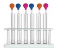 Laboratory rack with glass test tubes and measuring laboratory pipettes. Set of equipment for analysis and experiments