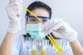 Laboratory research, dropping liquid to test tube Royalty Free Stock Photo