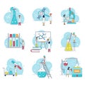 Laboratory research with scientists man and woman, microscope, flasks, people in chemistry lab vector illustrations set. Royalty Free Stock Photo