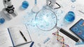 Laboratory research setup with microscope, DNA, and digital tablet science Royalty Free Stock Photo