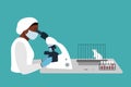 Laboratory research vaccine. Professional lab worker black woman in uniform looks through a microscope, a white mouse in