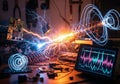 A laboratory scene with electrical components actively discharging energy. A glowing plasma arc Royalty Free Stock Photo