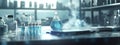 A laboratory scene featuring a blue liquid in a flask surrounded by various glassware Royalty Free Stock Photo
