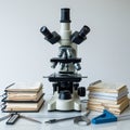 Laboratory scene featuring a compound microscope with multiple eyepieces and objective lenses Royalty Free Stock Photo