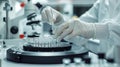 Laboratory scene with hands in medical gloves, emphasizing sterility and advanced technology Royalty Free Stock Photo