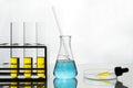 Yellow liquid in test tubes and dropper, blue liquid in flask. Royalty Free Stock Photo