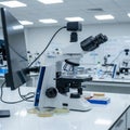 Laboratory setting with a compound light microscope positioned on a Royalty Free Stock Photo