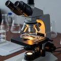 A laboratory setting with a compound microscope prominently displayed Royalty Free Stock Photo