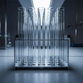 A laboratory setting features neatly arranged empty test tubes in a metal rack Royalty Free Stock Photo