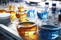 a laboratory setting with petri dishes containing orange and blue liquids, and bottles, on a metallic tray, ai generative Royalty Free Stock Photo