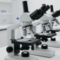 Laboratory setting with three aligned compound microscopes featuring multiple Royalty Free Stock Photo