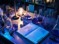 Laboratory setting with various glassware and research notes under soft lighting Royalty Free Stock Photo